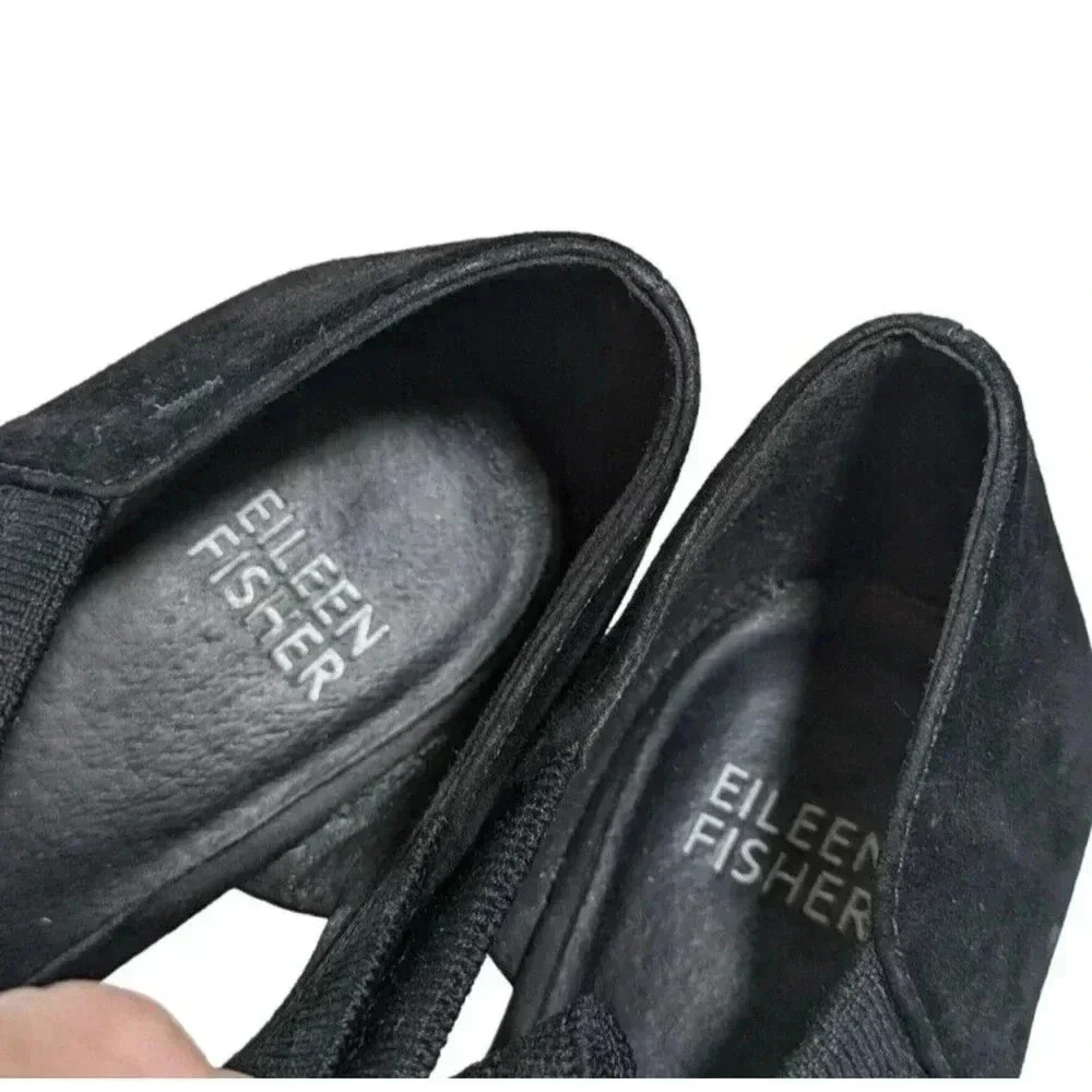 Eileen Fisher Wink Black Knit Open Toe Heels Size 6.5 Stretch Mesh Black Suede - Picture 7 of 9